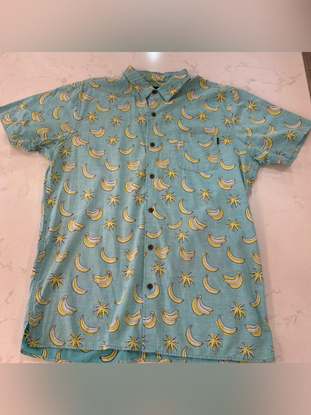 Rip Curl Polo Shirt Men’s Large Blue Banana Palm Print Button Front Hawaiian Top